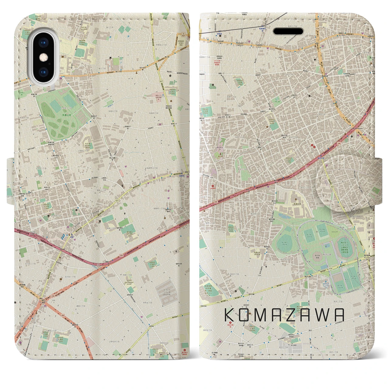 【駒沢】地図柄iPhoneケース（手帳両面タイプ・ナチュラル）iPhone XS Max 用