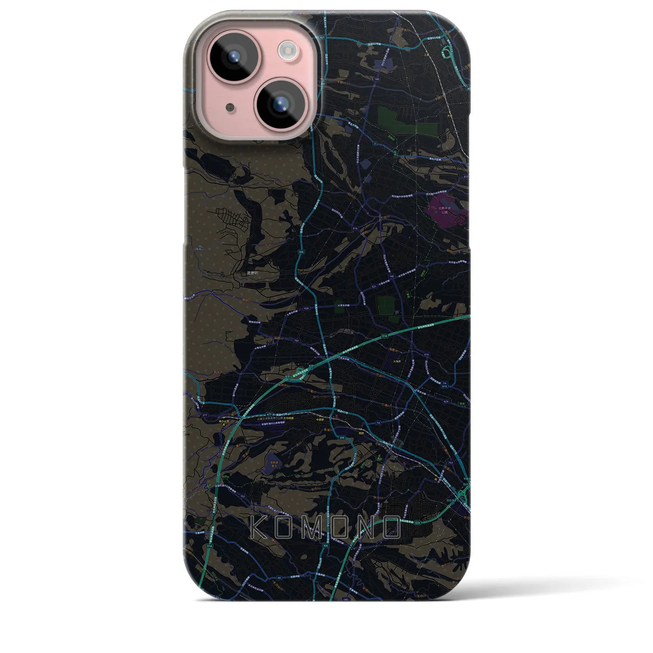 【菰野】地図柄iPhoneケース（バックカバータイプ・ブラック）iPhone 15 Plus 用