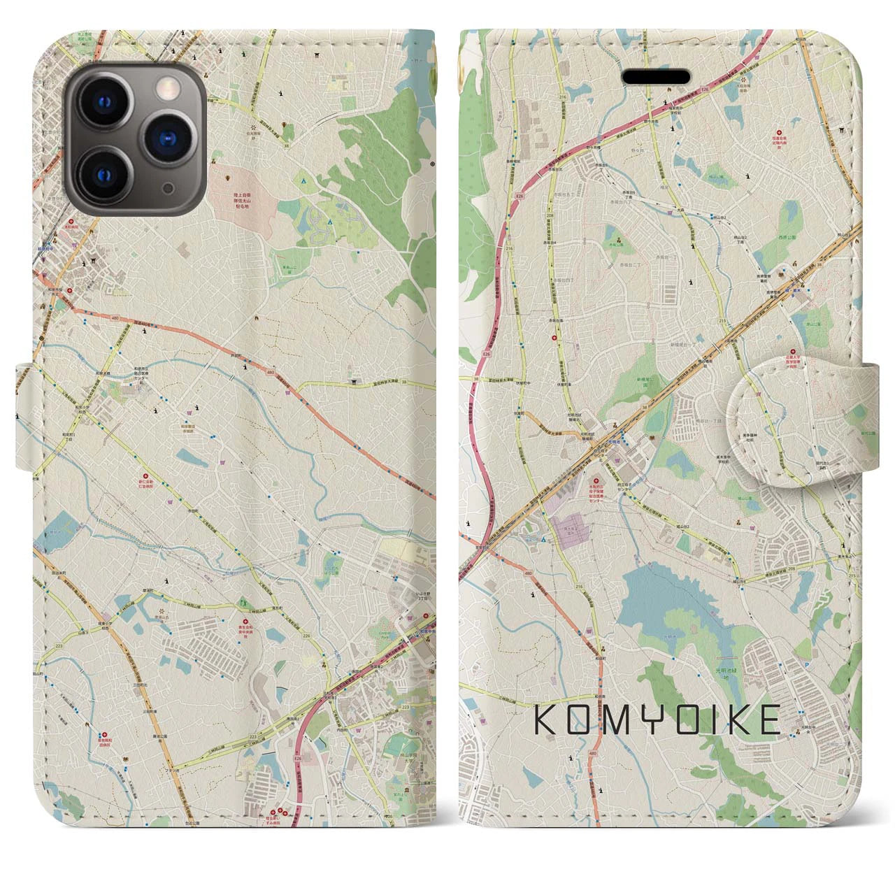 【光明池】地図柄iPhoneケース（手帳両面タイプ・ナチュラル）iPhone 11 Pro Max 用