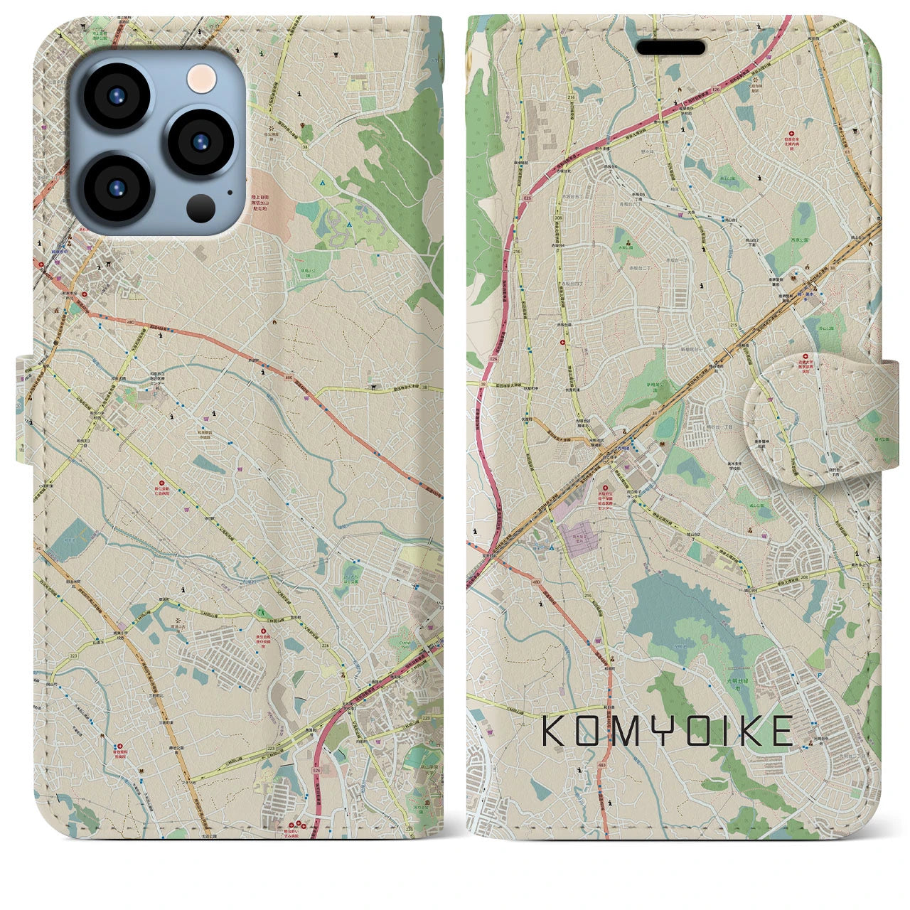 【光明池】地図柄iPhoneケース（手帳両面タイプ・ナチュラル）iPhone 13 Pro Max 用