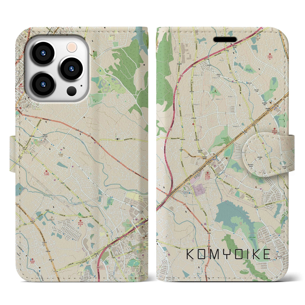 【光明池】地図柄iPhoneケース（手帳両面タイプ・ナチュラル）iPhone 13 Pro 用