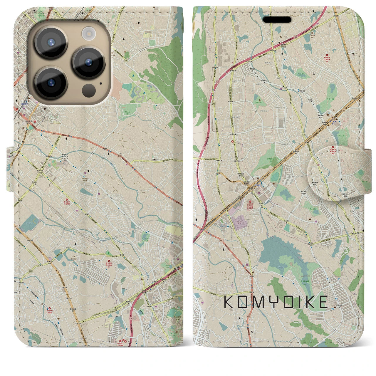 【光明池】地図柄iPhoneケース（手帳両面タイプ・ナチュラル）iPhone 14 Pro Max 用