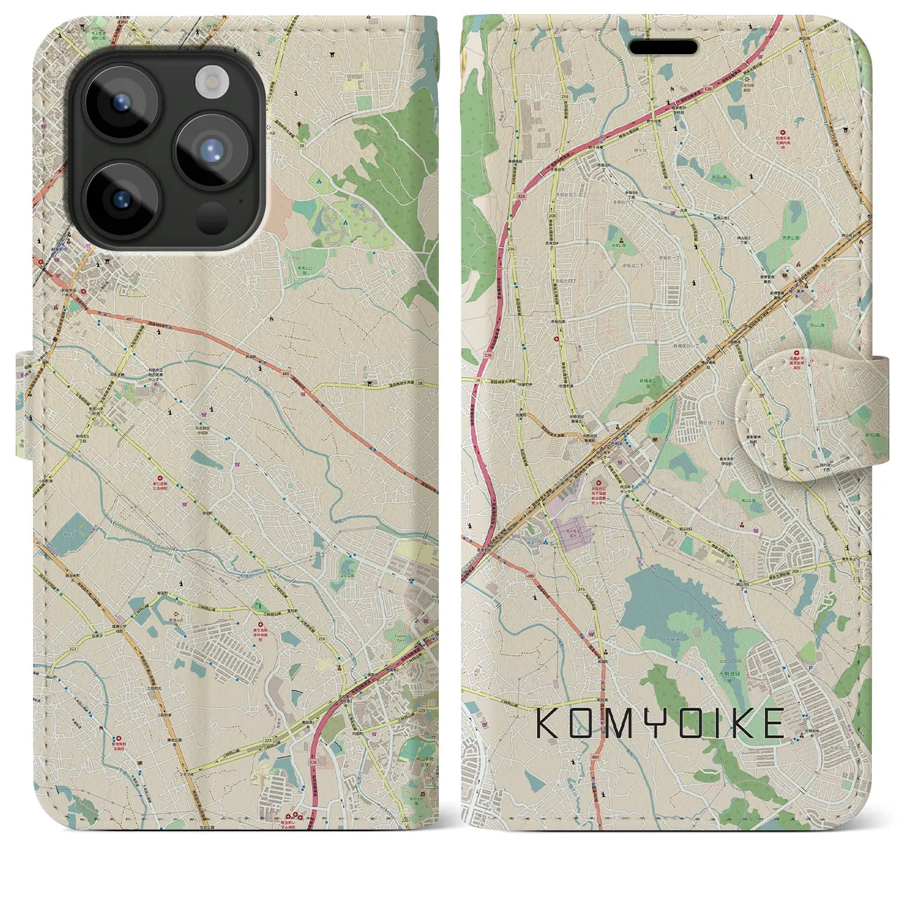 【光明池】地図柄iPhoneケース（手帳両面タイプ・ナチュラル）iPhone 15 Pro Max 用
