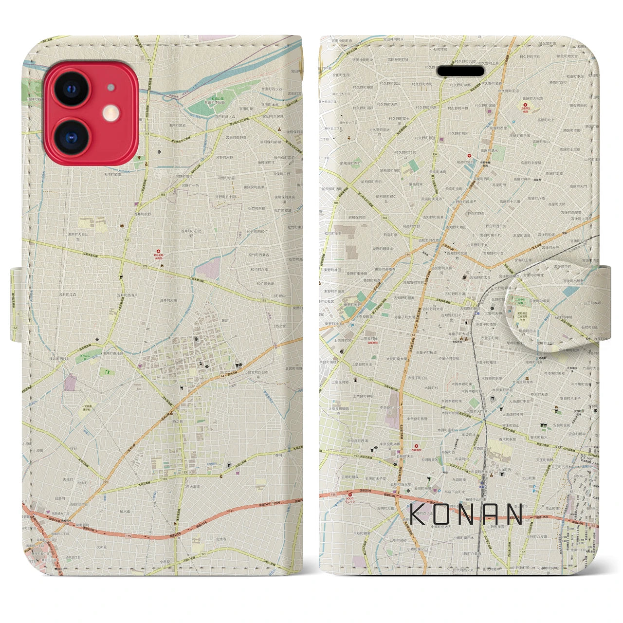 【江南】地図柄iPhoneケース（手帳両面タイプ・ナチュラル）iPhone 11 用