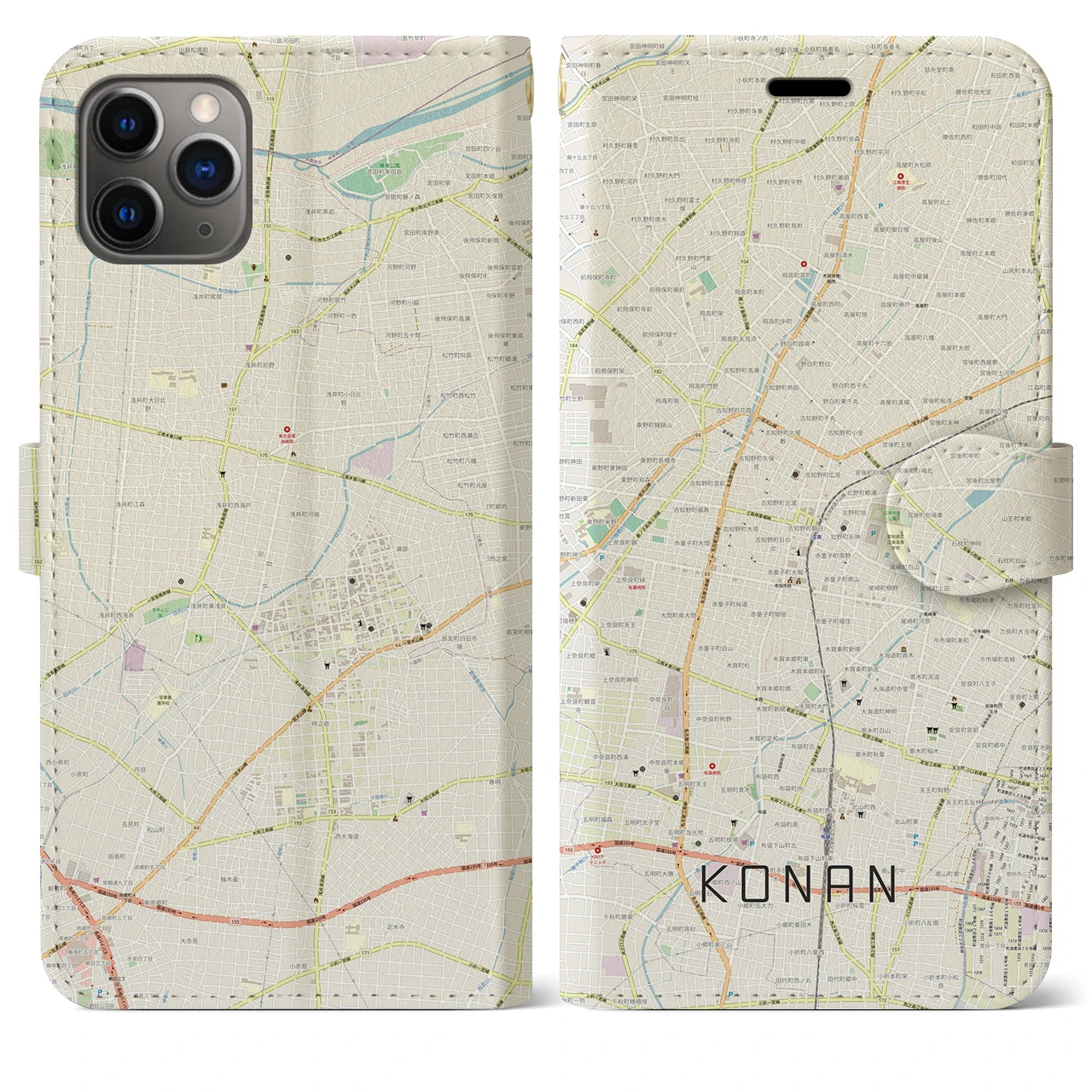 【江南】地図柄iPhoneケース（手帳両面タイプ・ナチュラル）iPhone 11 Pro Max 用