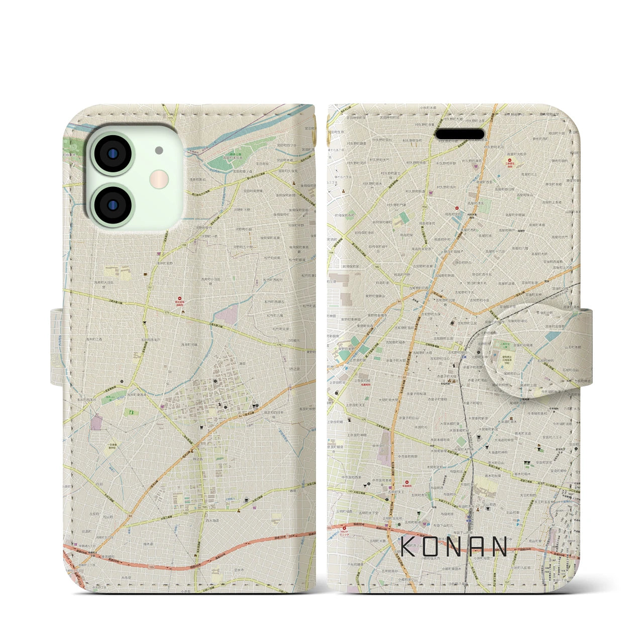 【江南】地図柄iPhoneケース（手帳両面タイプ・ナチュラル）iPhone 12 mini 用