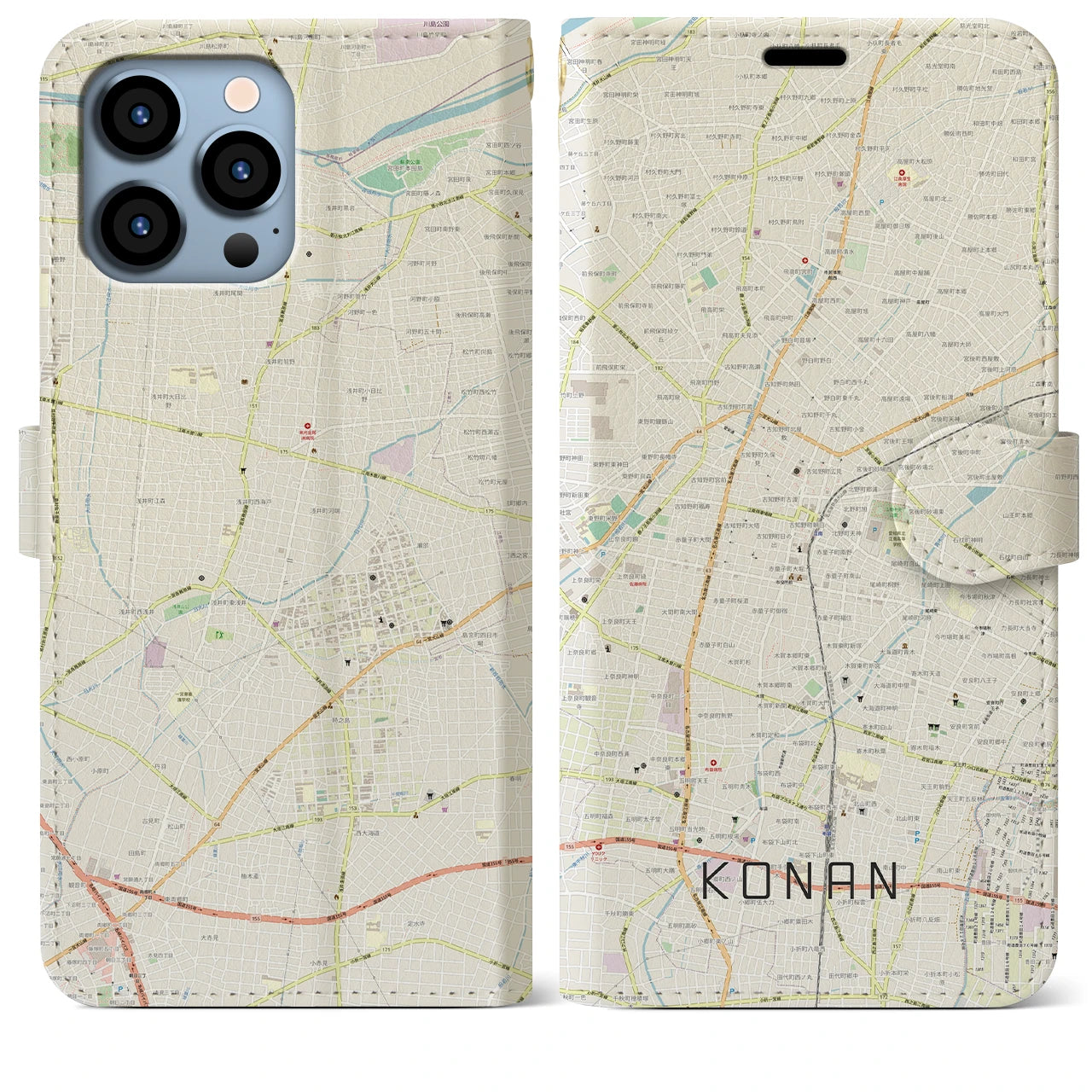 【江南】地図柄iPhoneケース（手帳両面タイプ・ナチュラル）iPhone 13 Pro Max 用