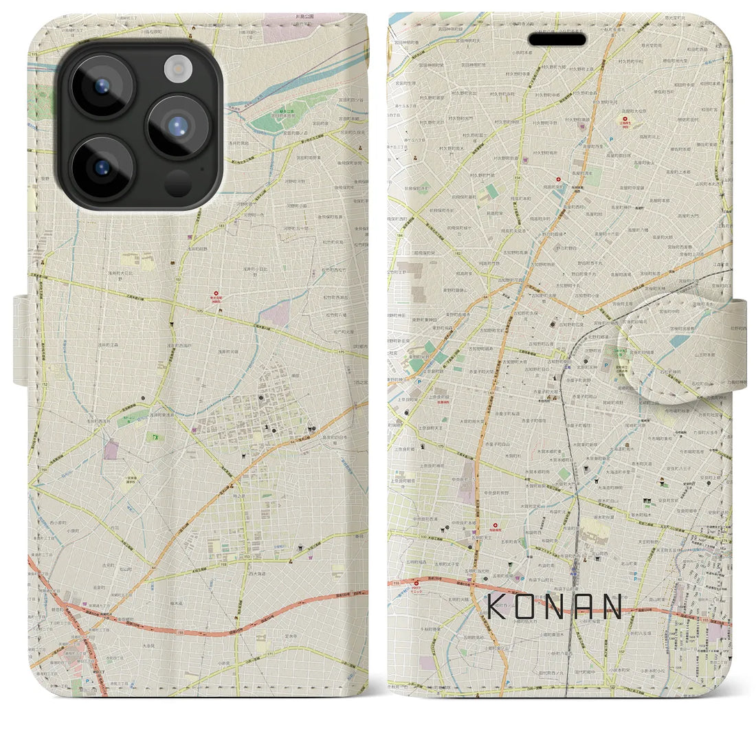 【江南】地図柄iPhoneケース（手帳両面タイプ・ナチュラル）iPhone 15 Pro Max 用