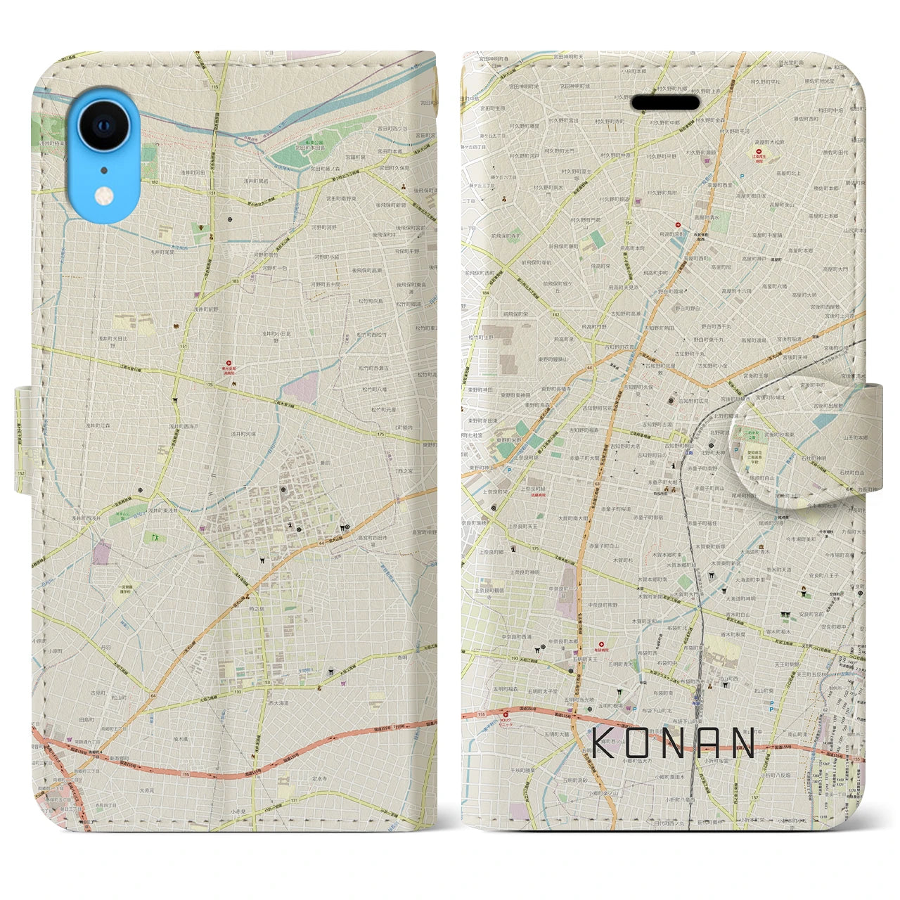 【江南】地図柄iPhoneケース（手帳両面タイプ・ナチュラル）iPhone XR 用