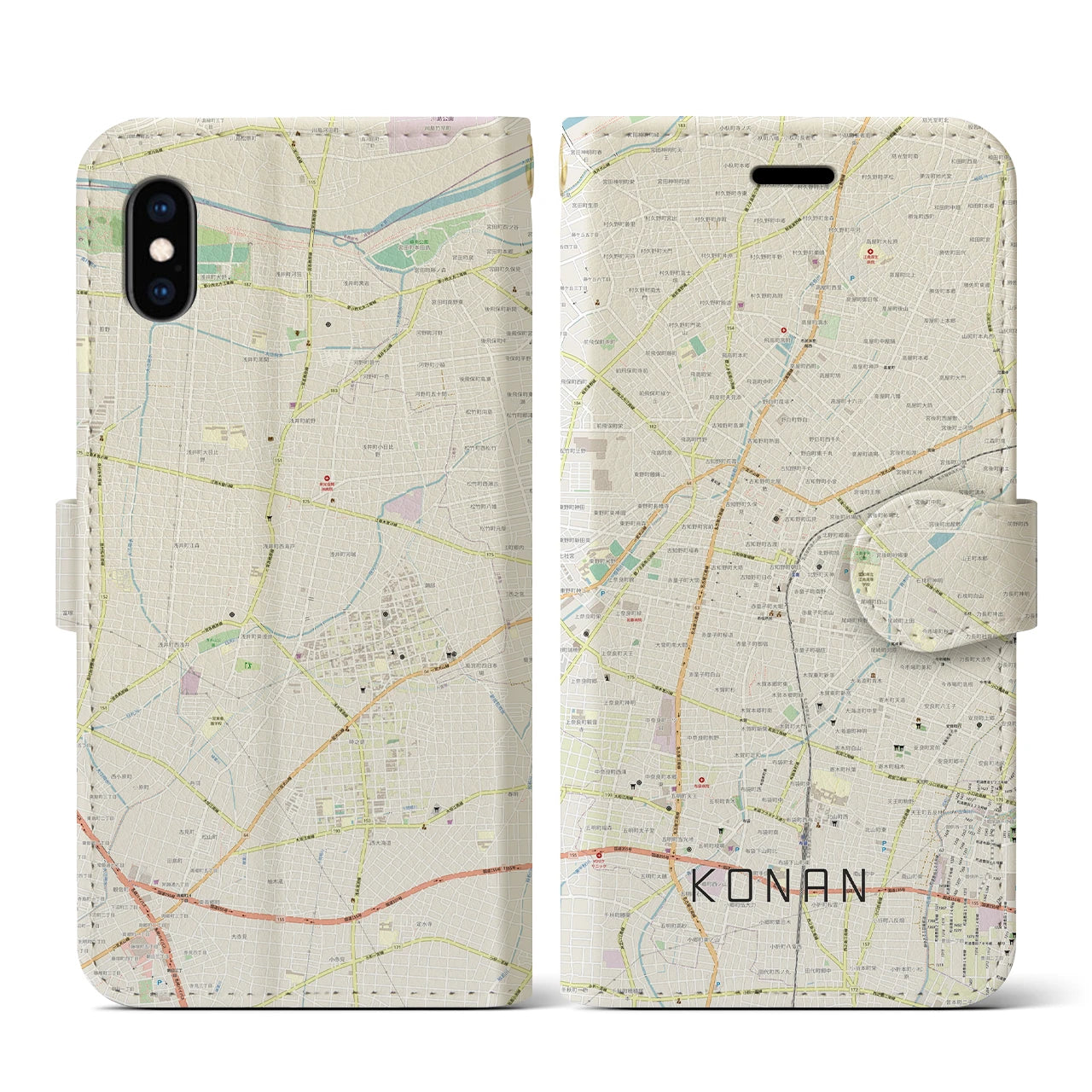 【江南】地図柄iPhoneケース（手帳両面タイプ・ナチュラル）iPhone XS / X 用