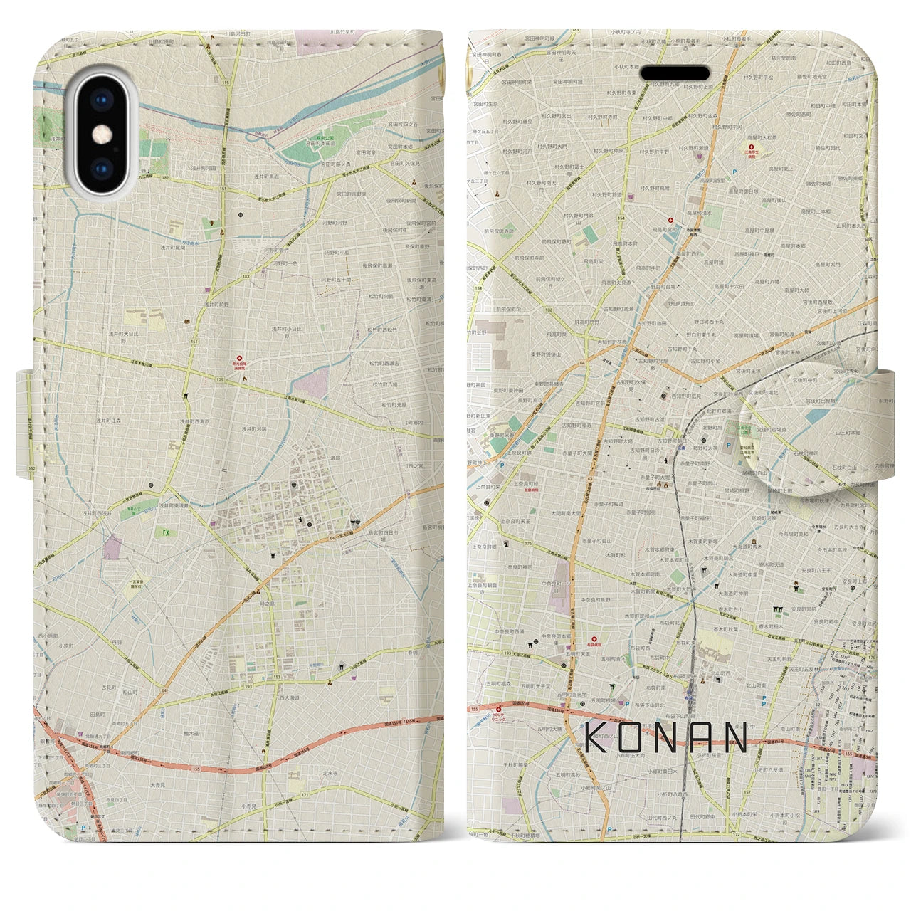 【江南】地図柄iPhoneケース（手帳両面タイプ・ナチュラル）iPhone XS Max 用