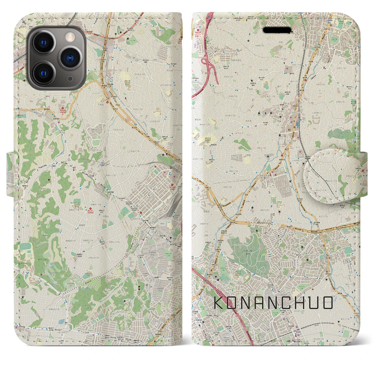 【港南中央】地図柄iPhoneケース（手帳両面タイプ・ナチュラル）iPhone 11 Pro Max 用