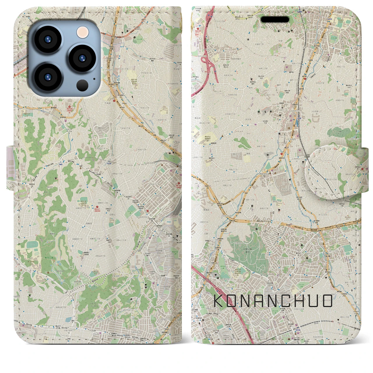 【港南中央】地図柄iPhoneケース（手帳両面タイプ・ナチュラル）iPhone 13 Pro Max 用