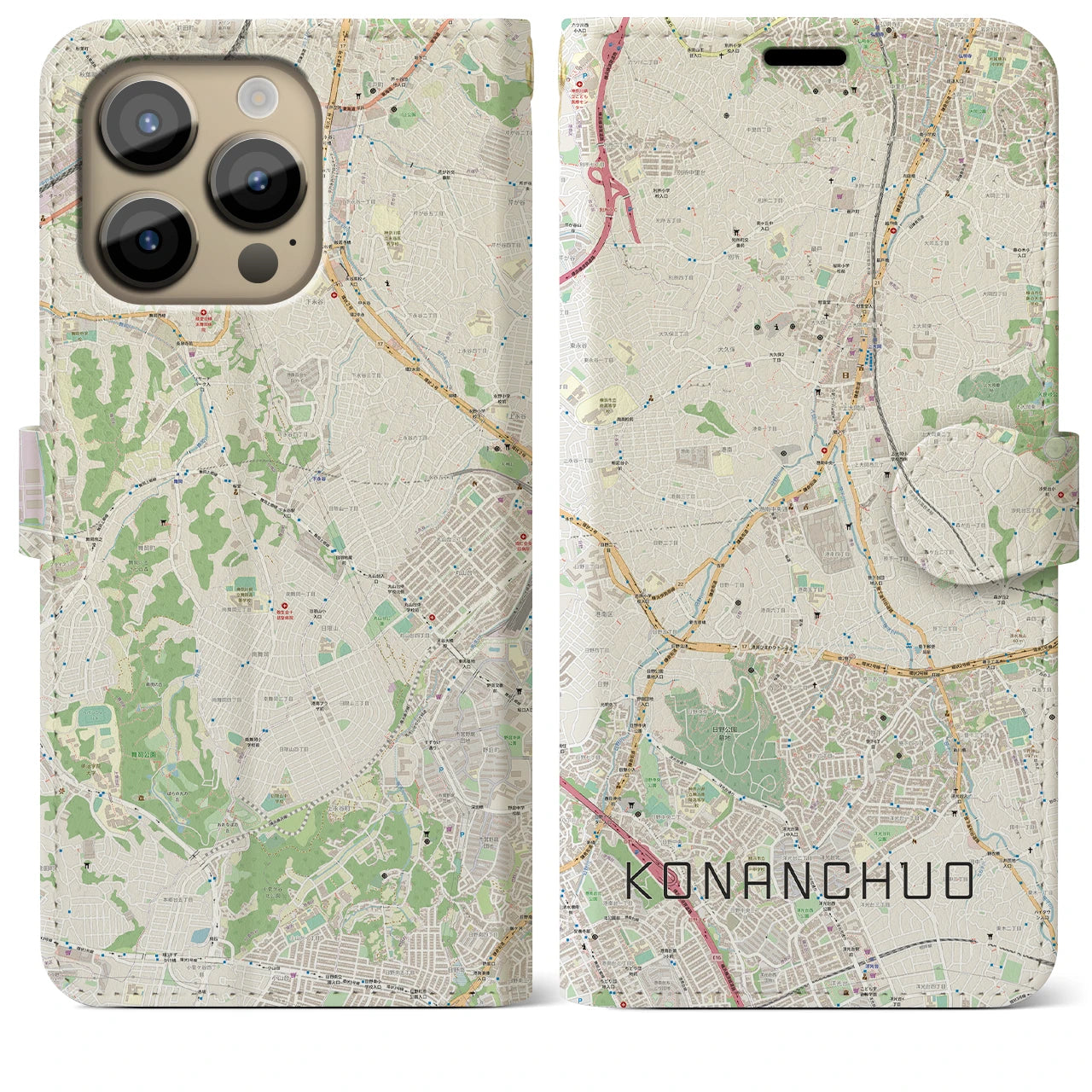 【港南中央】地図柄iPhoneケース（手帳両面タイプ・ナチュラル）iPhone 14 Pro Max 用
