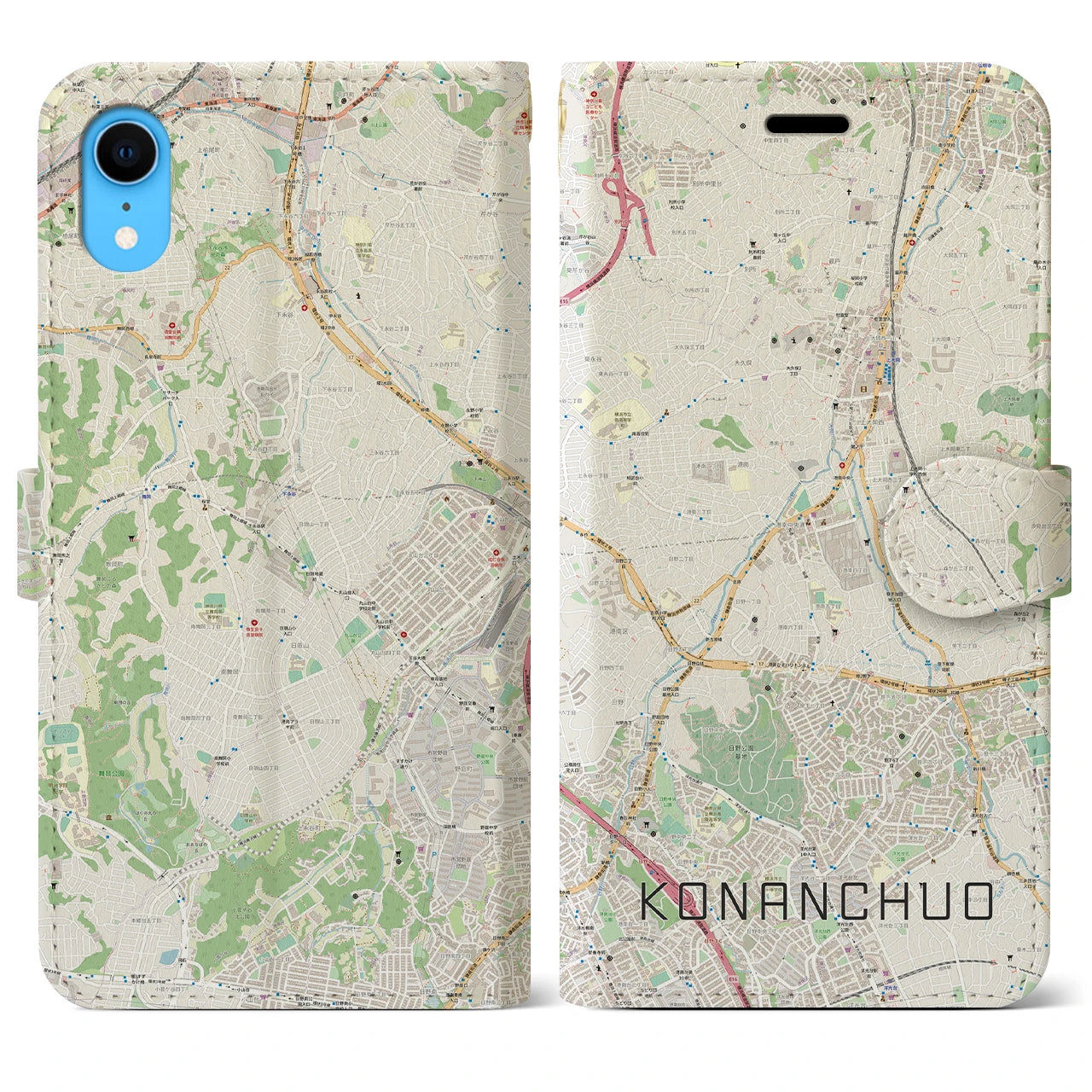 【港南中央】地図柄iPhoneケース（手帳両面タイプ・ナチュラル）iPhone XR 用