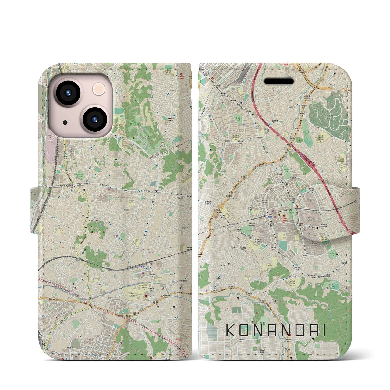 【港南台】地図柄iPhoneケース（手帳両面タイプ・ナチュラル）iPhone 13 mini 用