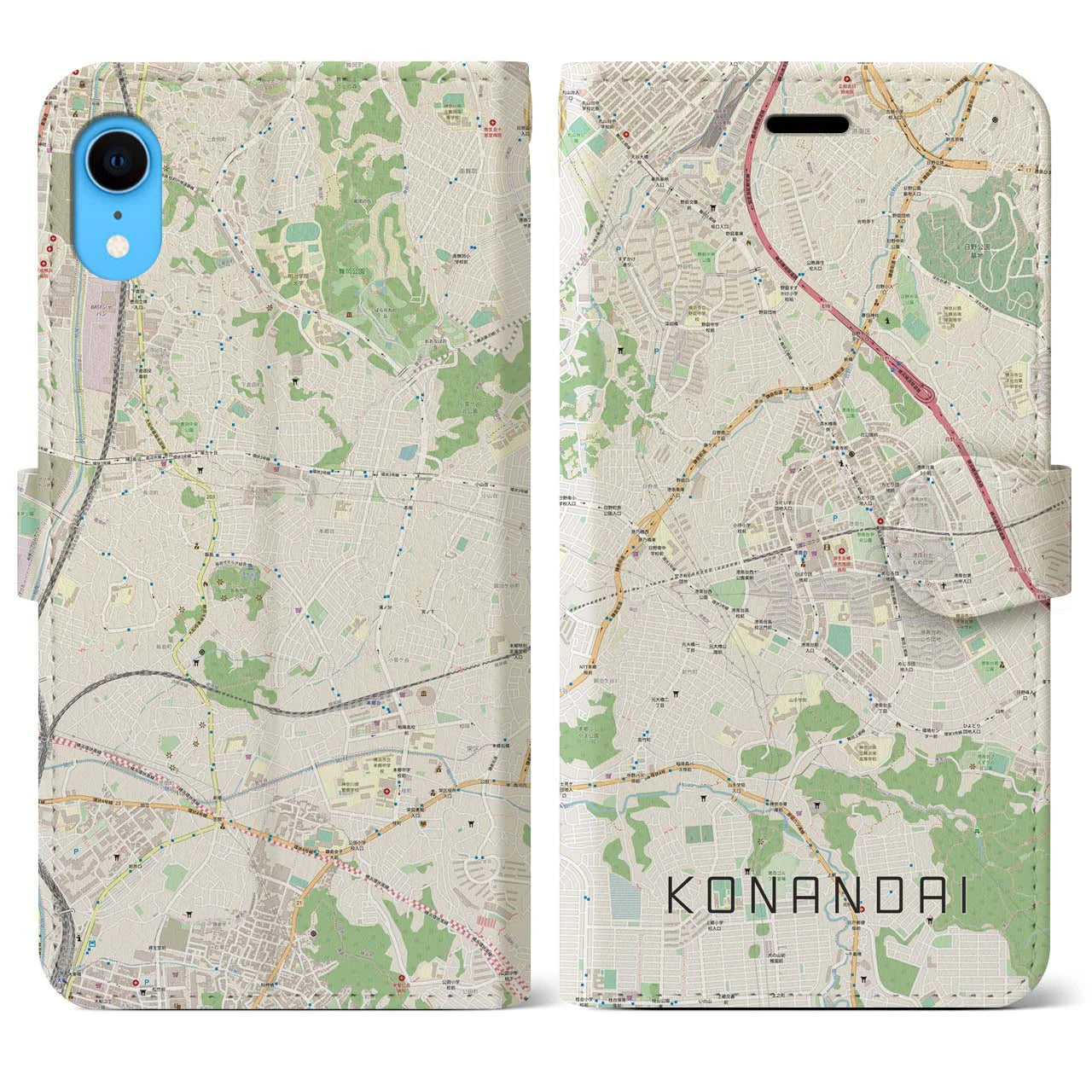【港南台】地図柄iPhoneケース（手帳両面タイプ・ナチュラル）iPhone XR 用