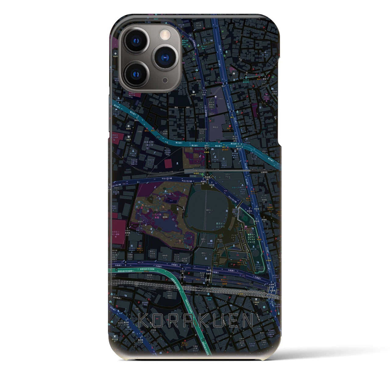 【後楽園】地図柄iPhoneケース（バックカバータイプ・ブラック）iPhone 11 Pro Max 用