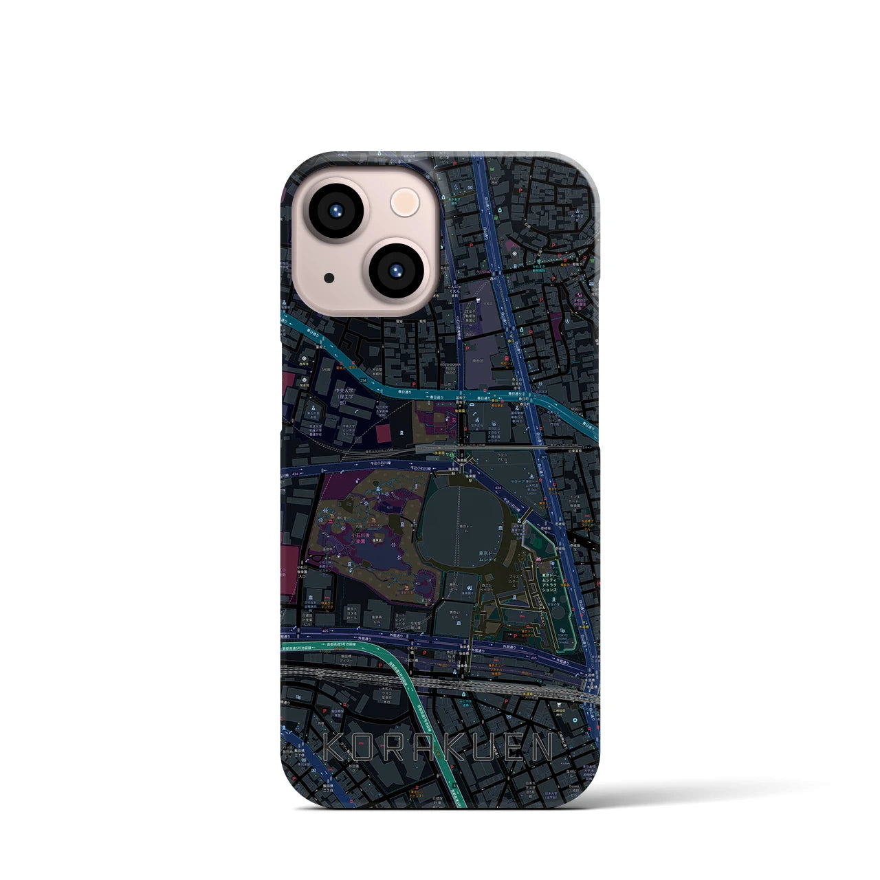 【後楽園】地図柄iPhoneケース（バックカバータイプ・ブラック）iPhone 13 mini 用