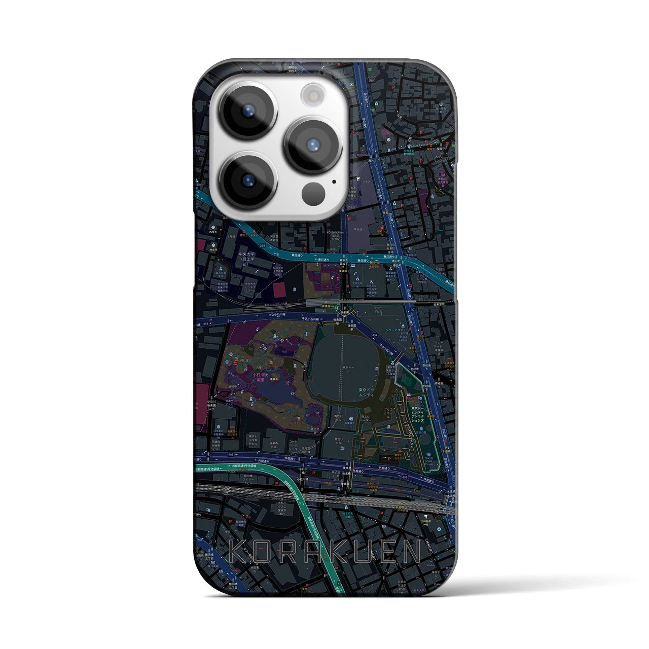 【後楽園】地図柄iPhoneケース（バックカバータイプ・ブラック）iPhone 14 Pro 用