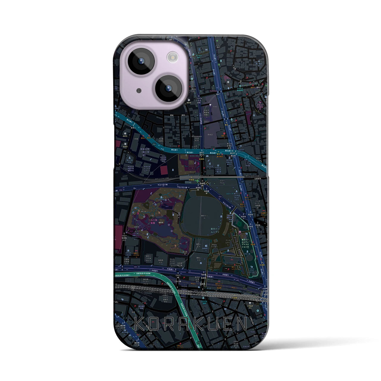 【後楽園】地図柄iPhoneケース（バックカバータイプ・ブラック）iPhone 14 用