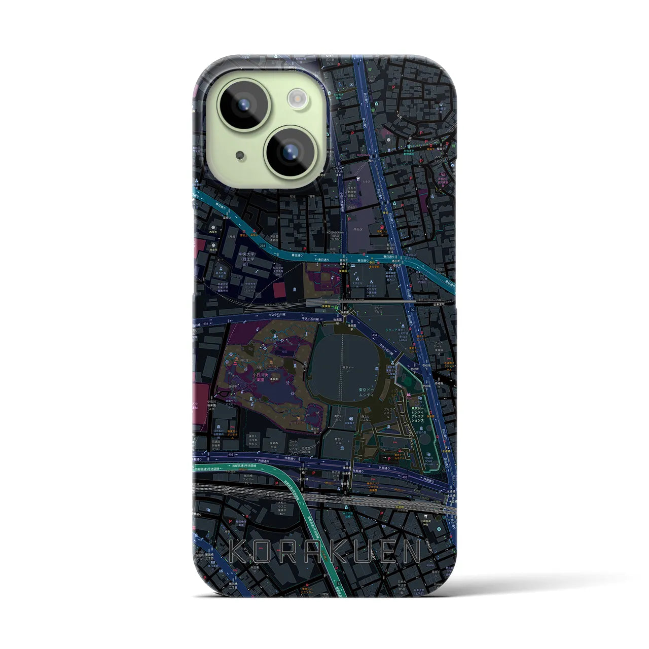 【後楽園】地図柄iPhoneケース（バックカバータイプ・ブラック）iPhone 15 用