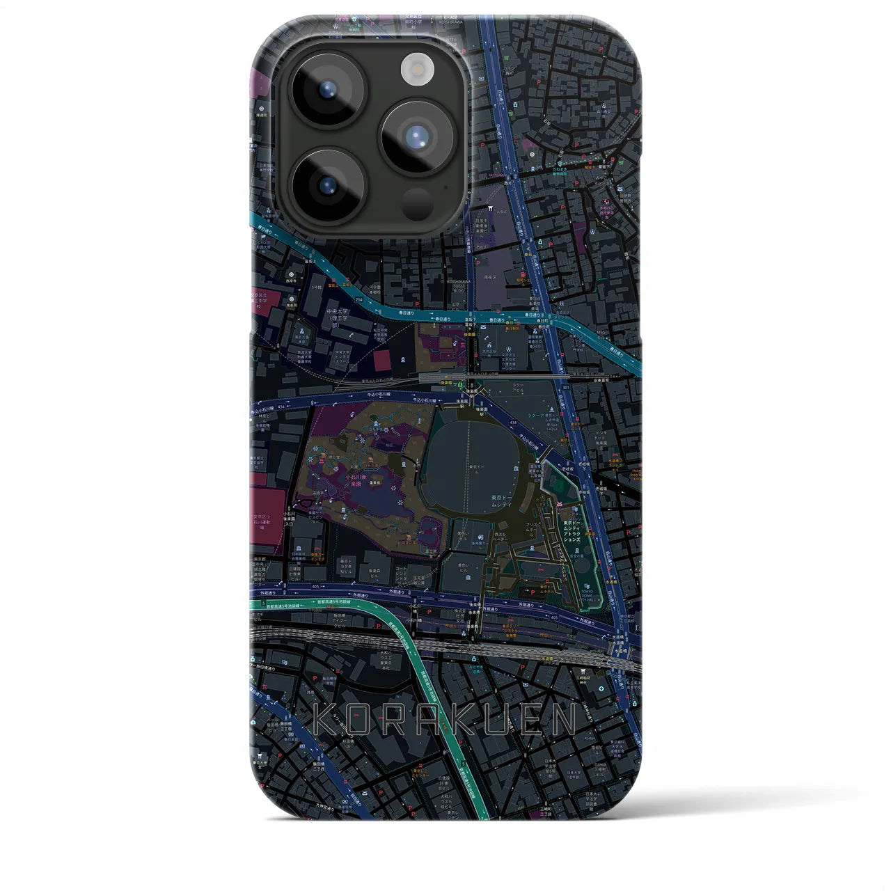 【後楽園】地図柄iPhoneケース（バックカバータイプ・ブラック）iPhone 15 Pro Max 用