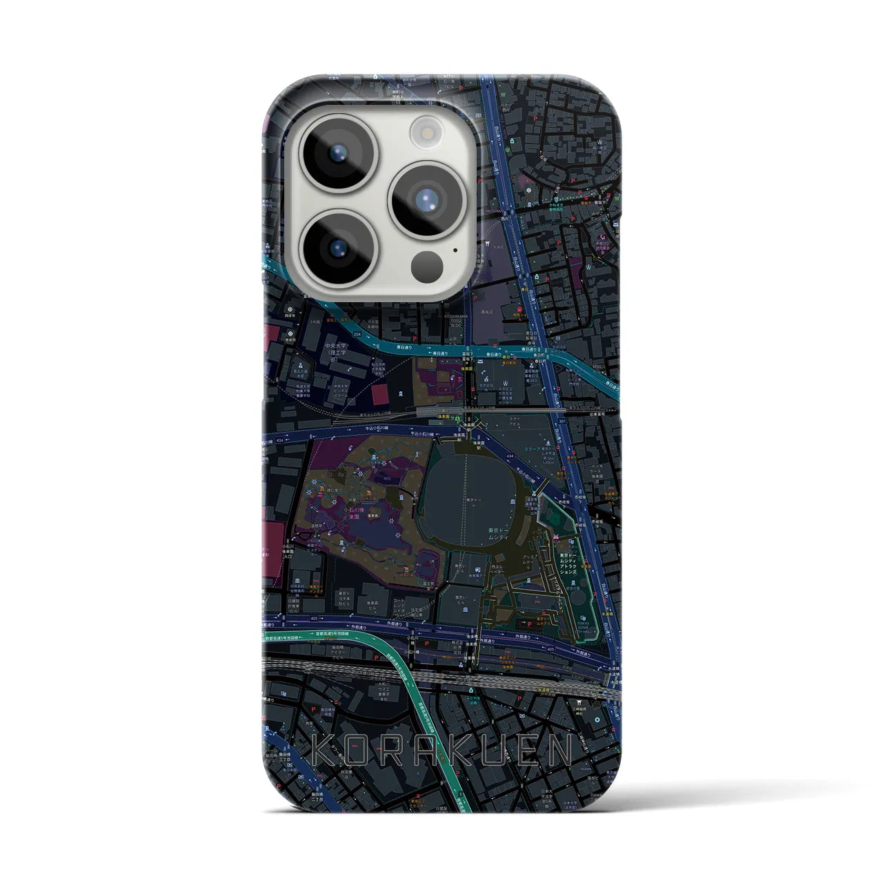 【後楽園】地図柄iPhoneケース（バックカバータイプ・ブラック）iPhone 15 Pro 用