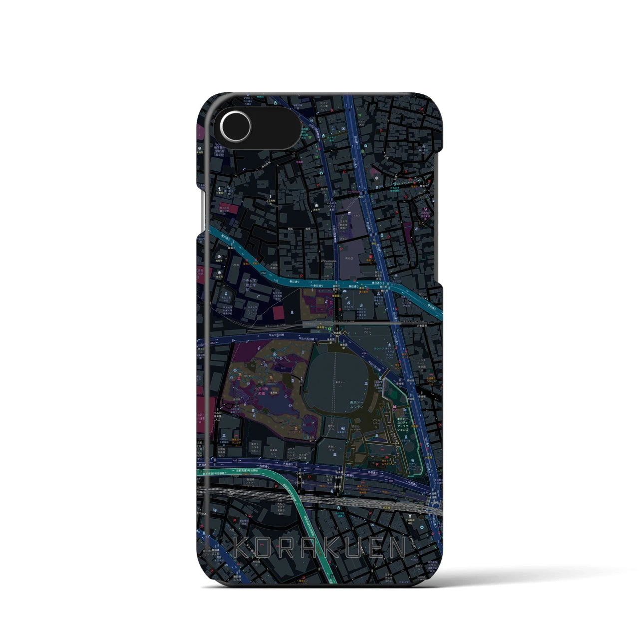 【後楽園】地図柄iPhoneケース（バックカバータイプ・ブラック）iPhone SE（第3 / 第2世代） / 8 / 7 / 6s / 6 用