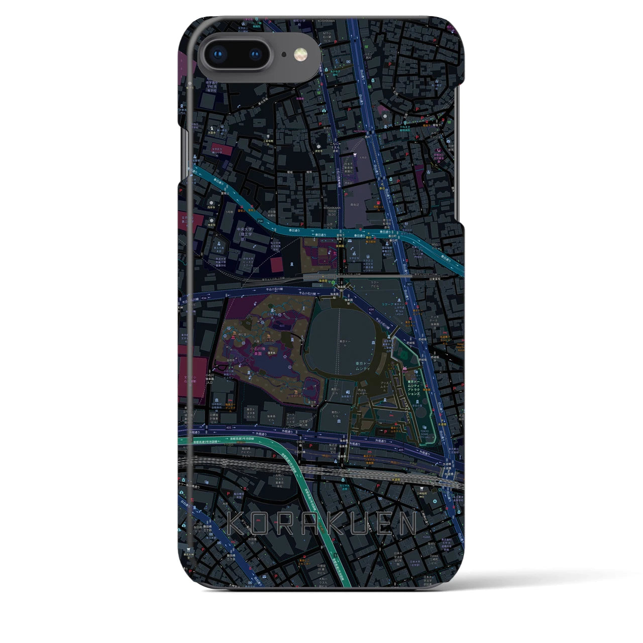 【後楽園】地図柄iPhoneケース（バックカバータイプ・ブラック）iPhone 8Plus /7Plus / 6sPlus / 6Plus 用