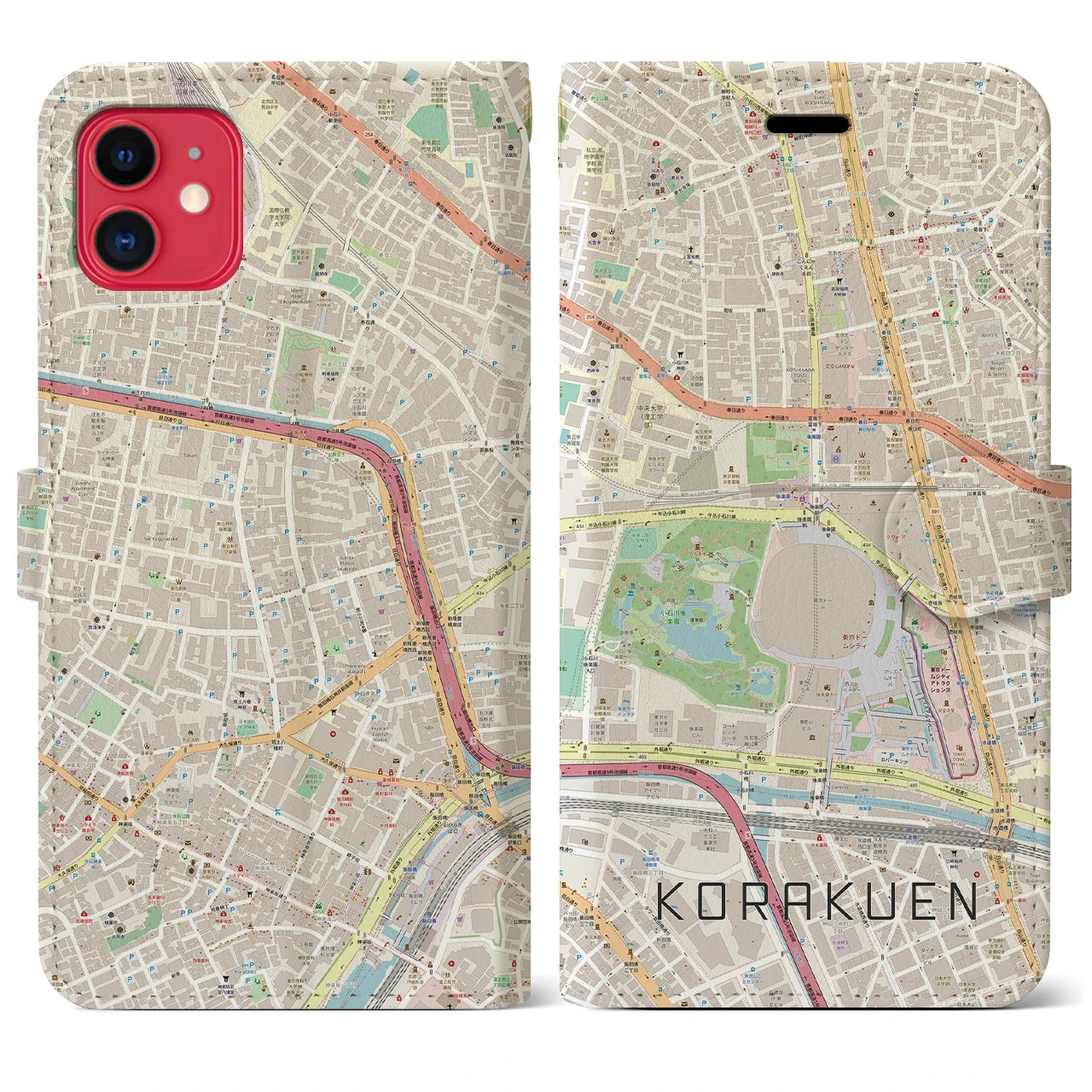 【後楽園】地図柄iPhoneケース（手帳両面タイプ・ナチュラル）iPhone 11 用