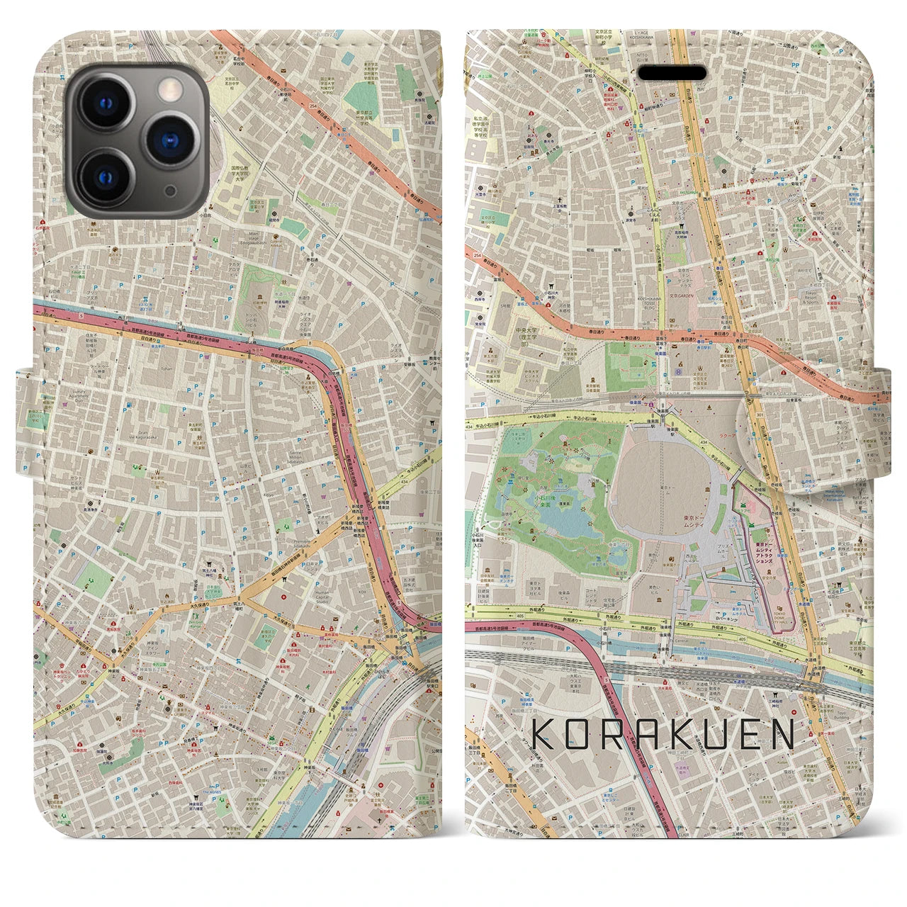 【後楽園】地図柄iPhoneケース（手帳両面タイプ・ナチュラル）iPhone 11 Pro Max 用