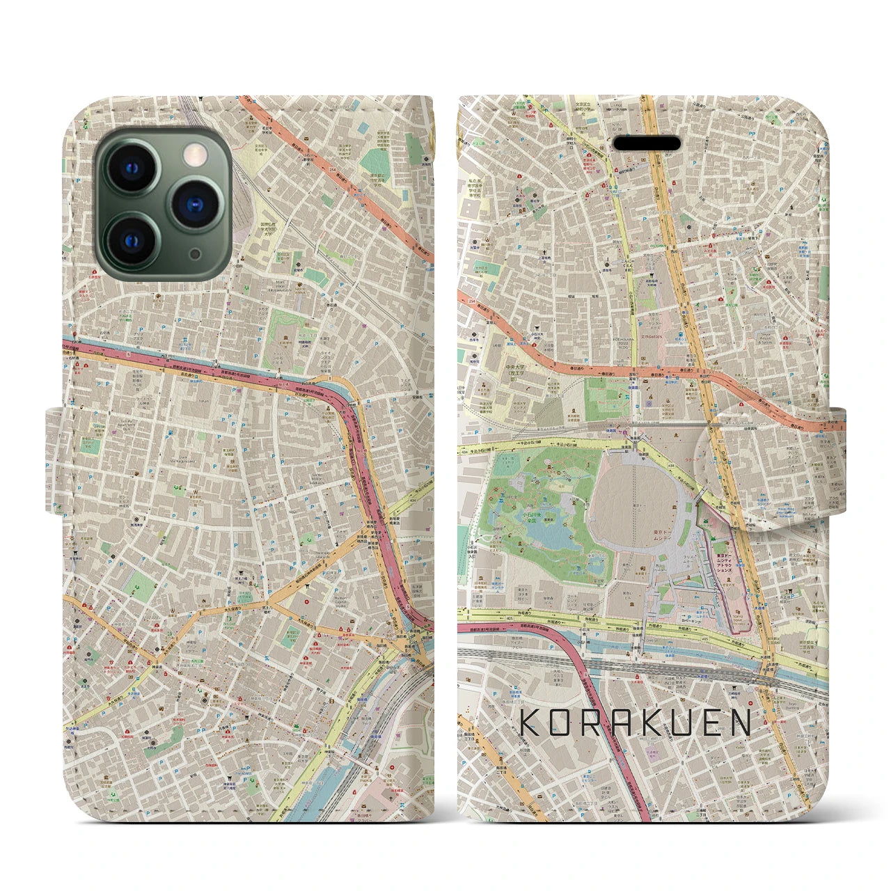 【後楽園】地図柄iPhoneケース（手帳両面タイプ・ナチュラル）iPhone 11 Pro 用