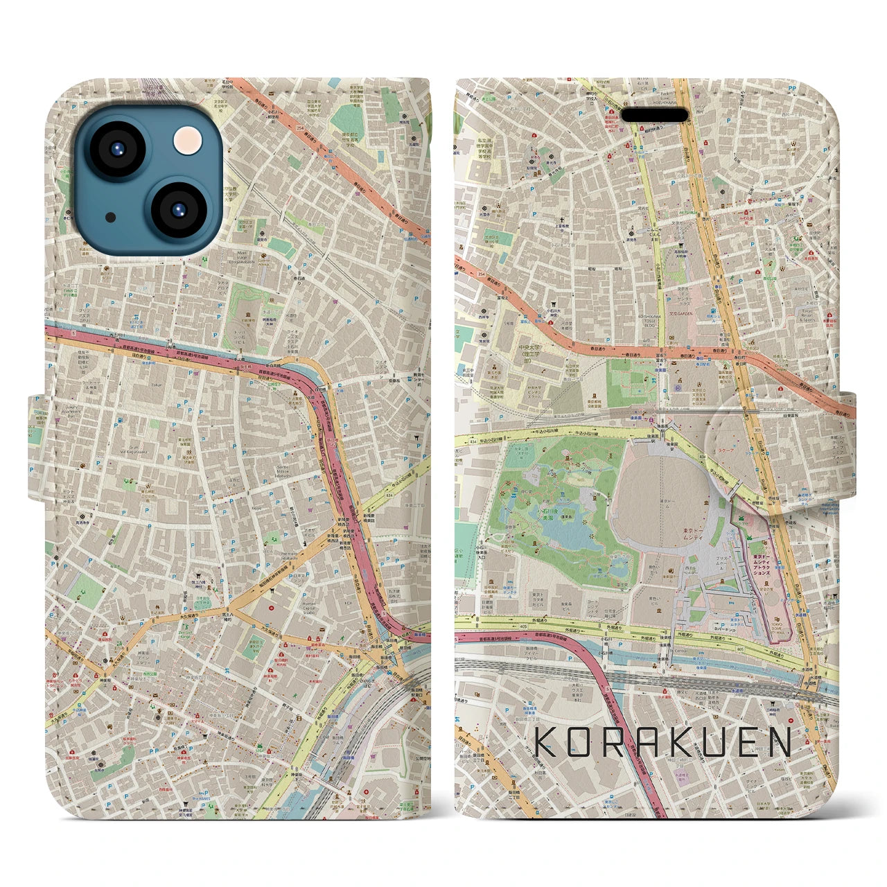 【後楽園】地図柄iPhoneケース（手帳両面タイプ・ナチュラル）iPhone 13 用