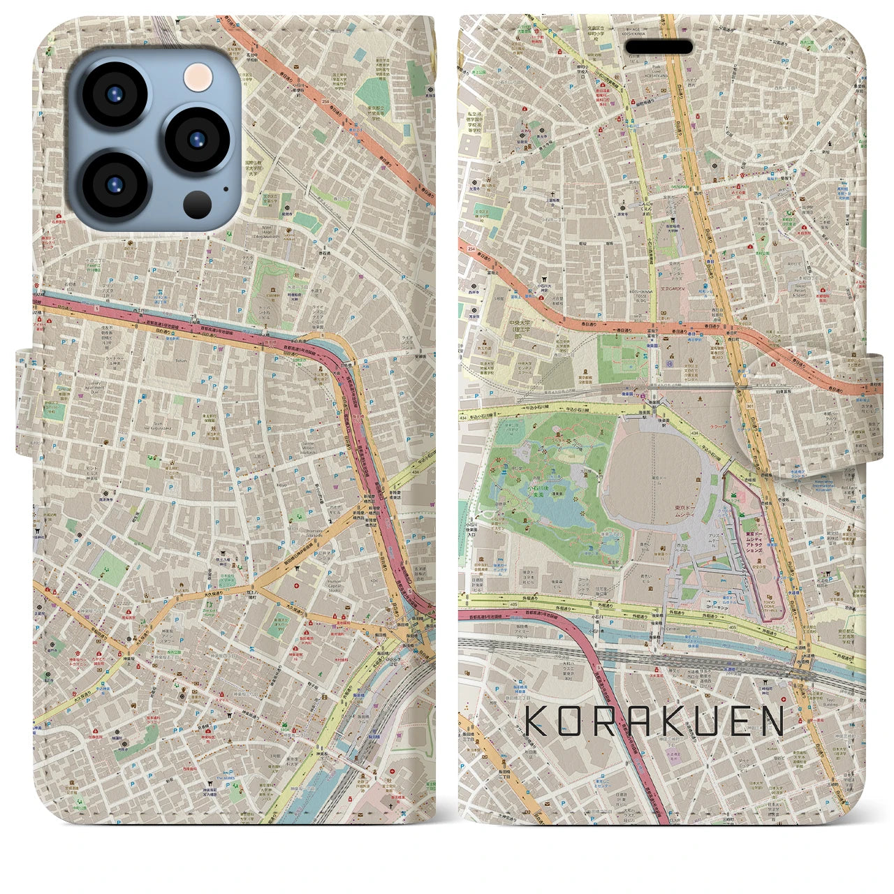 【後楽園】地図柄iPhoneケース（手帳両面タイプ・ナチュラル）iPhone 13 Pro Max 用