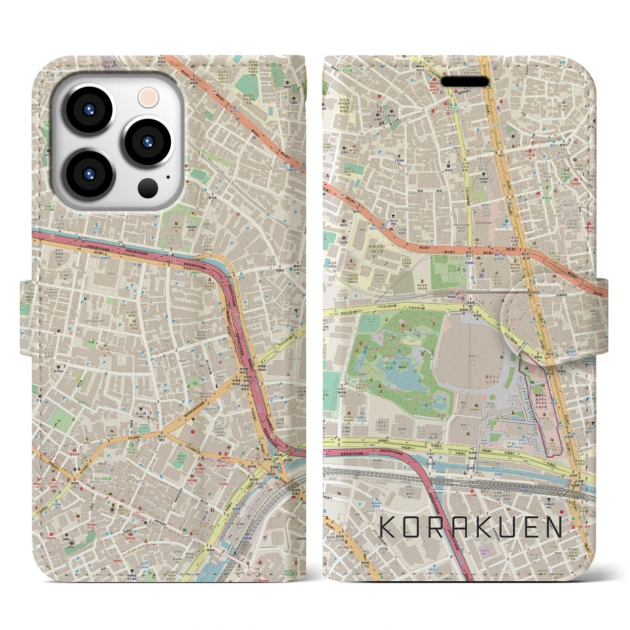 【後楽園】地図柄iPhoneケース（手帳両面タイプ・ナチュラル）iPhone 13 Pro 用