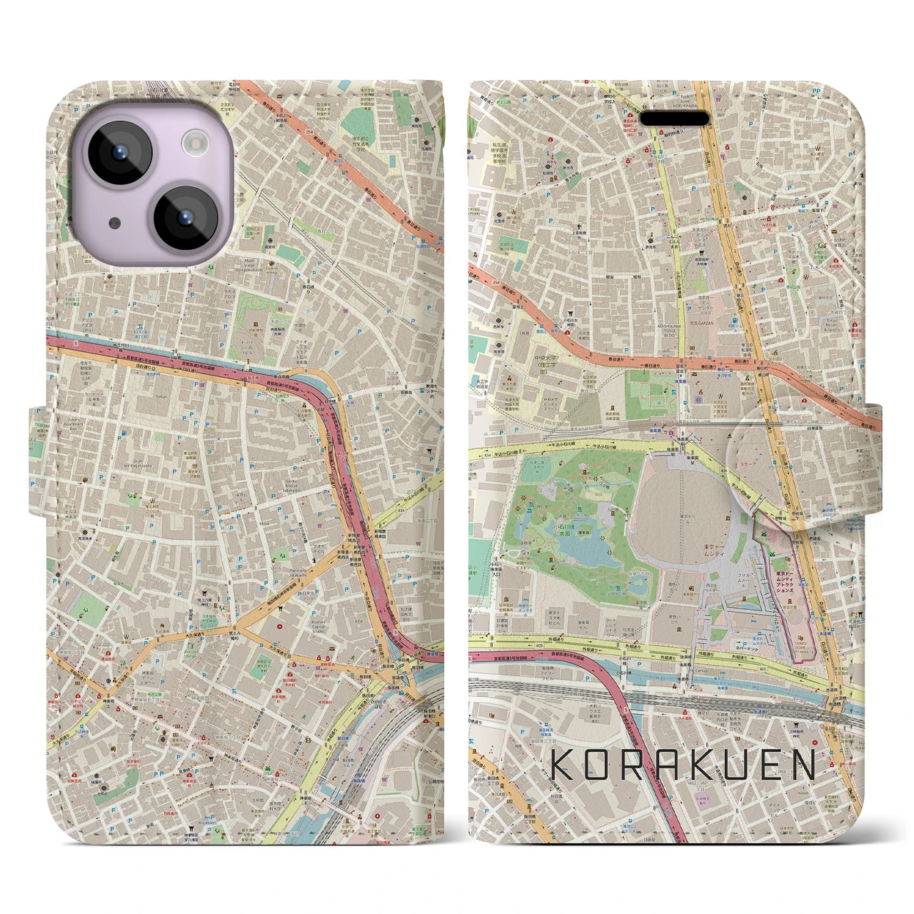 【後楽園】地図柄iPhoneケース（手帳両面タイプ・ナチュラル）iPhone 14 用