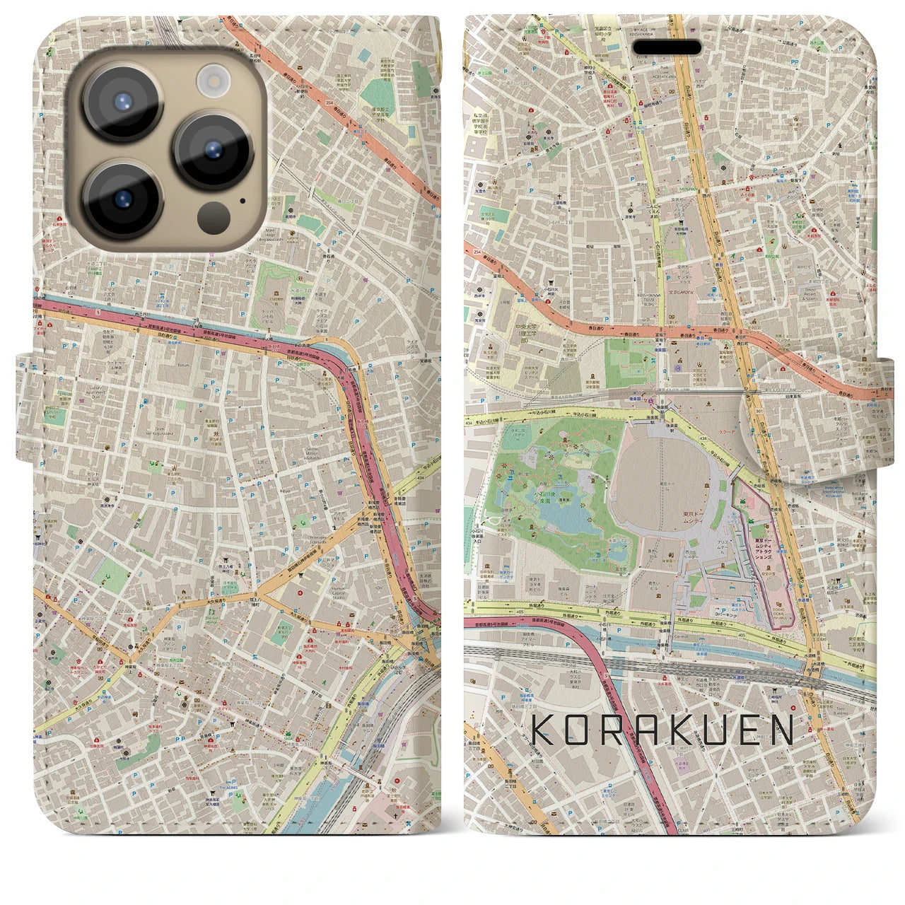【後楽園】地図柄iPhoneケース（手帳両面タイプ・ナチュラル）iPhone 14 Pro Max 用
