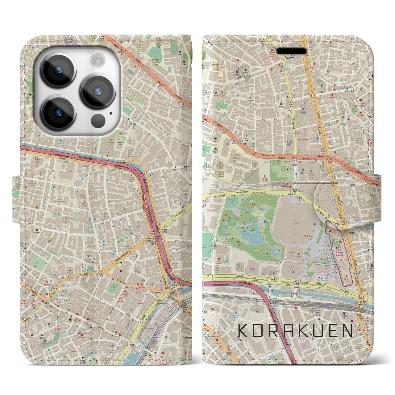 【後楽園】地図柄iPhoneケース（手帳両面タイプ・ナチュラル）iPhone 14 Pro 用