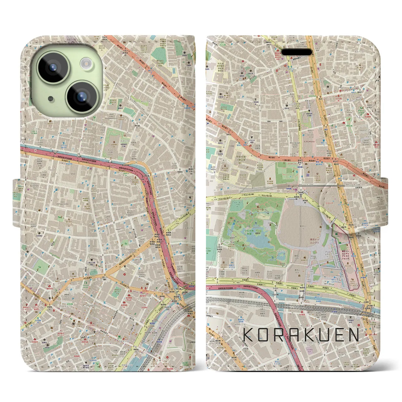 【後楽園】地図柄iPhoneケース（手帳両面タイプ・ナチュラル）iPhone 15 用