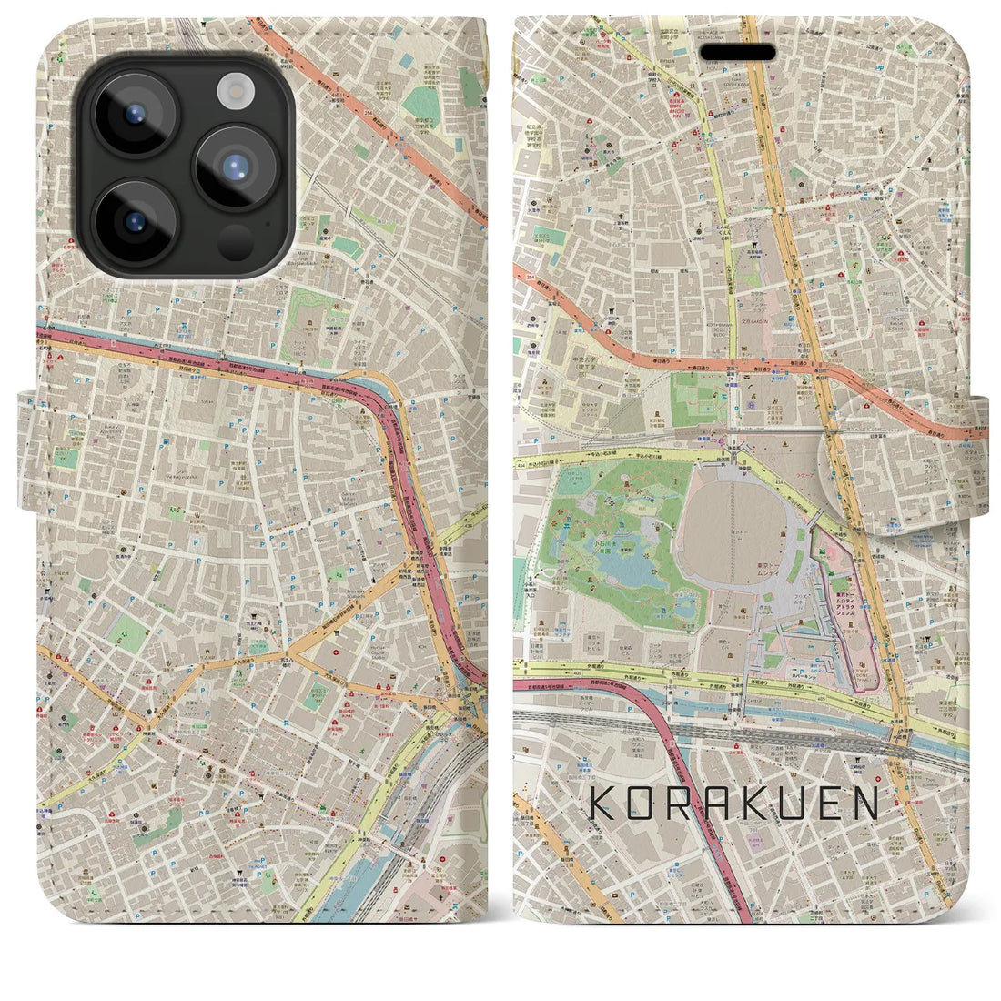 【後楽園】地図柄iPhoneケース（手帳両面タイプ・ナチュラル）iPhone 15 Pro Max 用