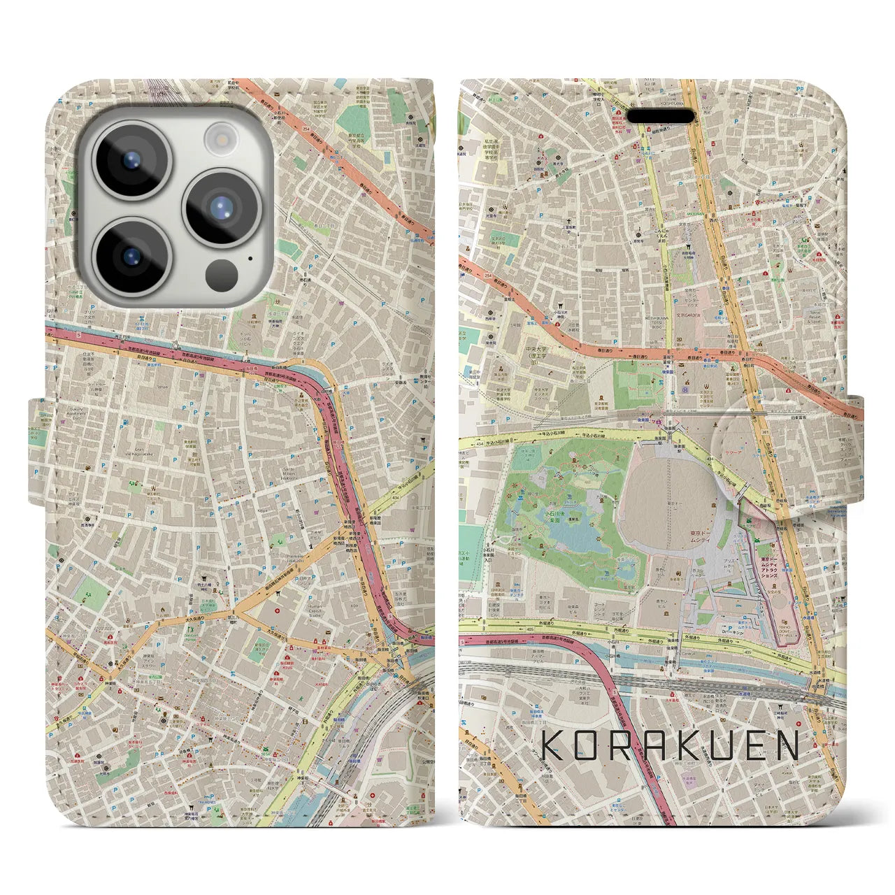 【後楽園】地図柄iPhoneケース（手帳両面タイプ・ナチュラル）iPhone 15 Pro 用