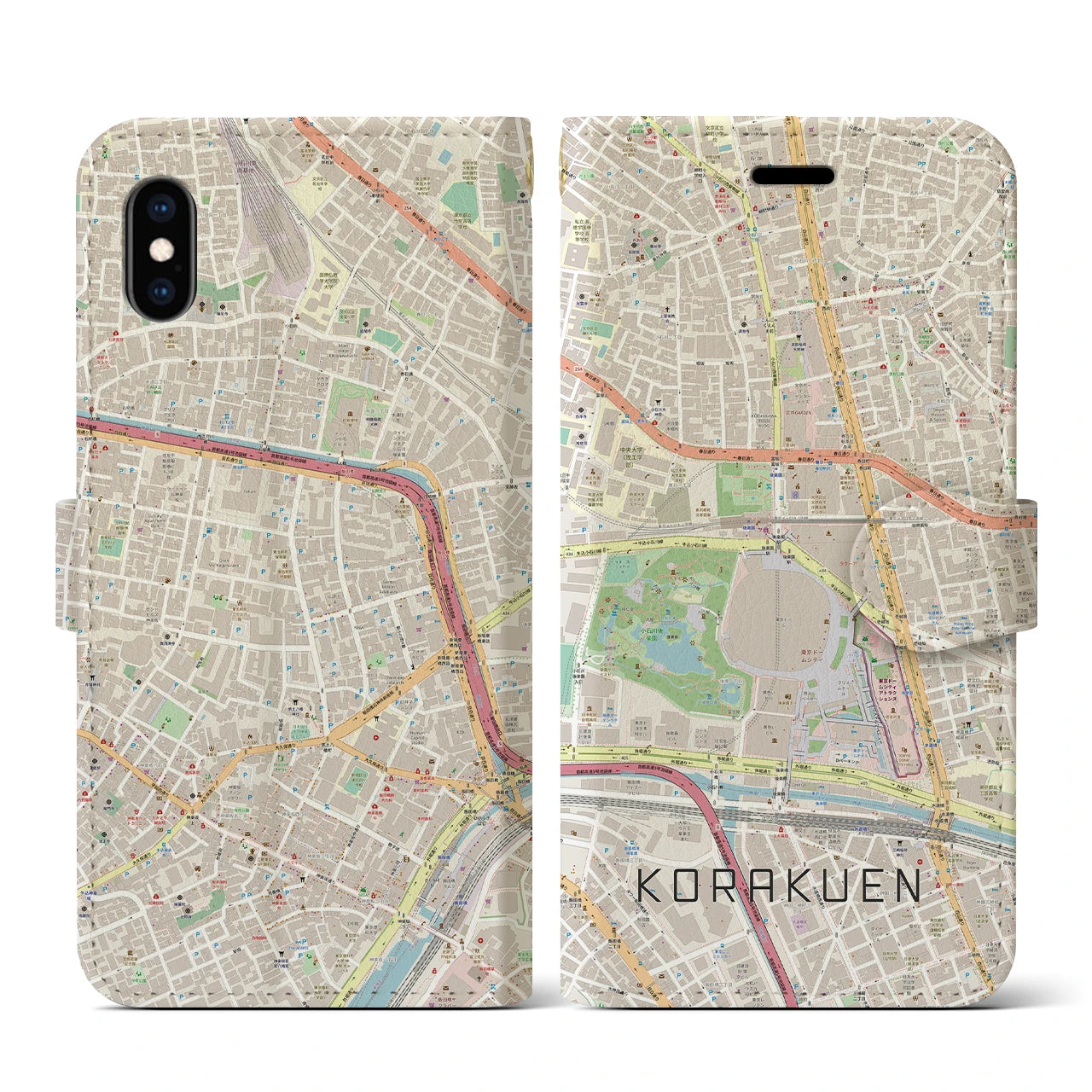 【後楽園】地図柄iPhoneケース（手帳両面タイプ・ナチュラル）iPhone XS / X 用