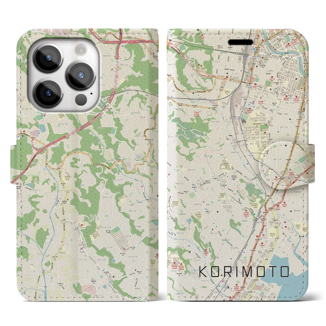 【郡元】地図柄iPhoneケース（手帳両面タイプ・ナチュラル）iPhone 14 Pro 用