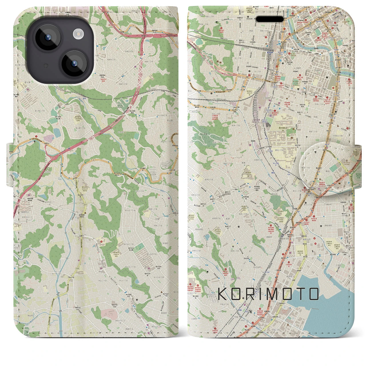 【郡元】地図柄iPhoneケース（手帳両面タイプ・ナチュラル）iPhone 14 Plus 用