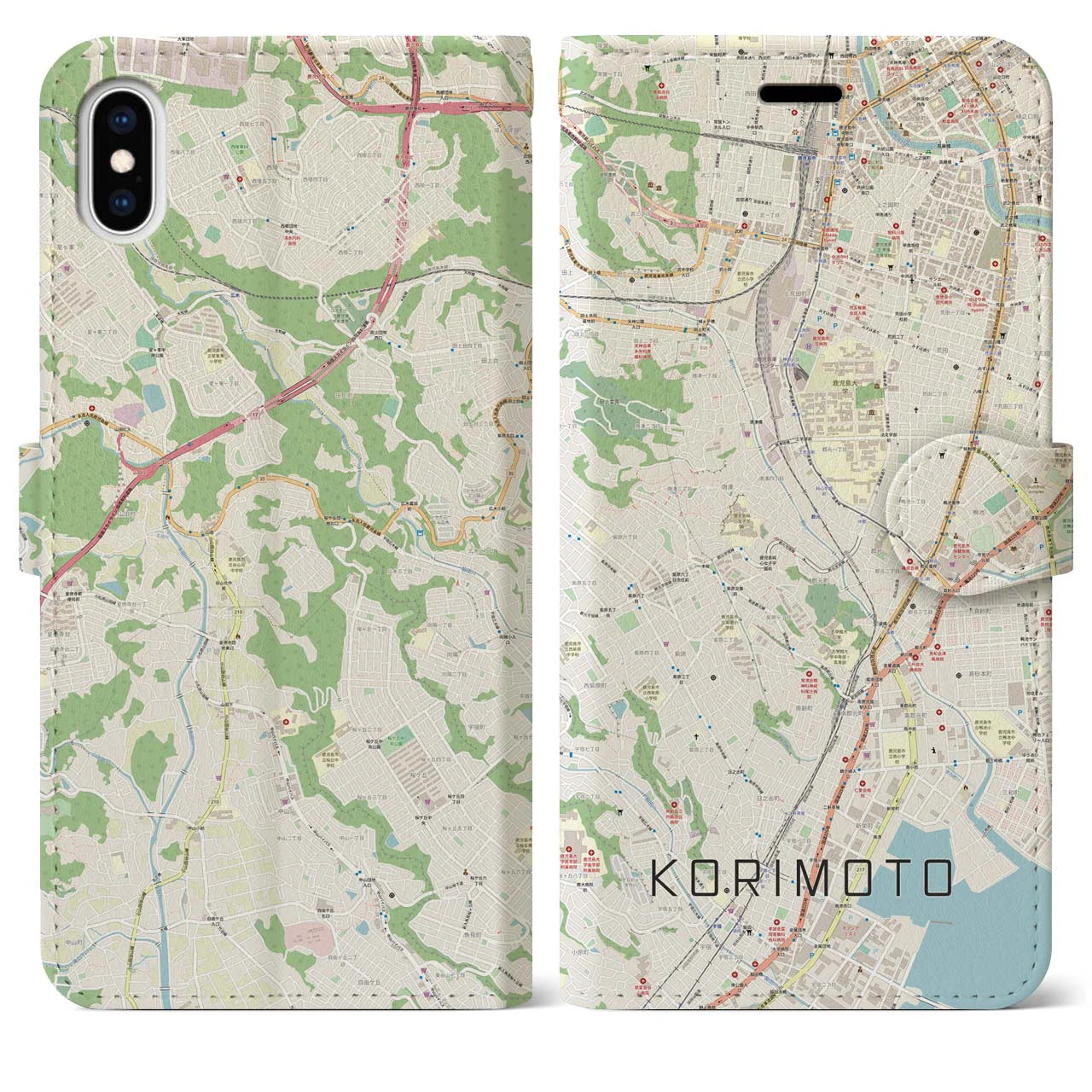 【郡元】地図柄iPhoneケース（手帳両面タイプ・ナチュラル）iPhone XS Max 用
