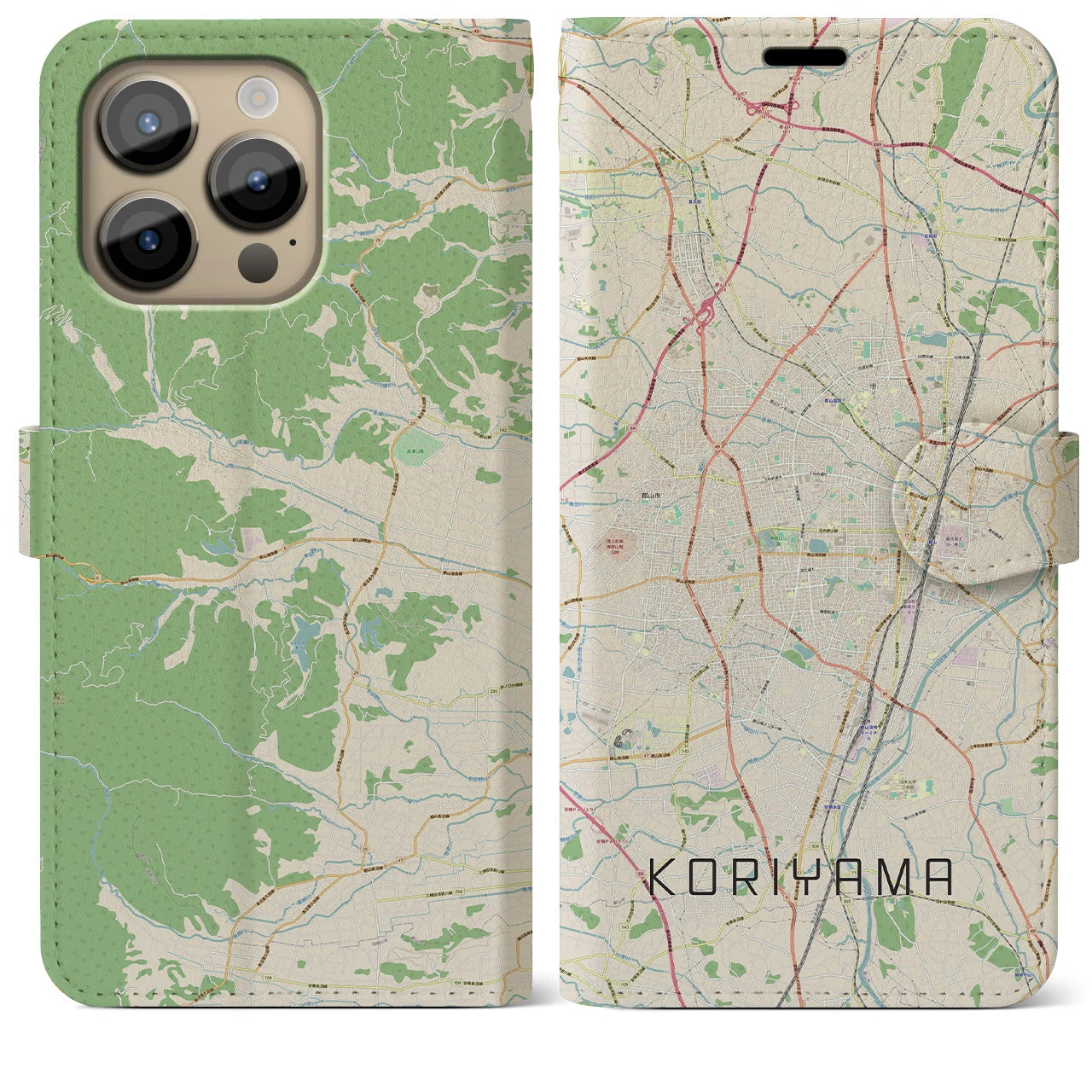 【郡山】地図柄iPhoneケース（手帳両面タイプ・ナチュラル）iPhone 14 Pro Max 用