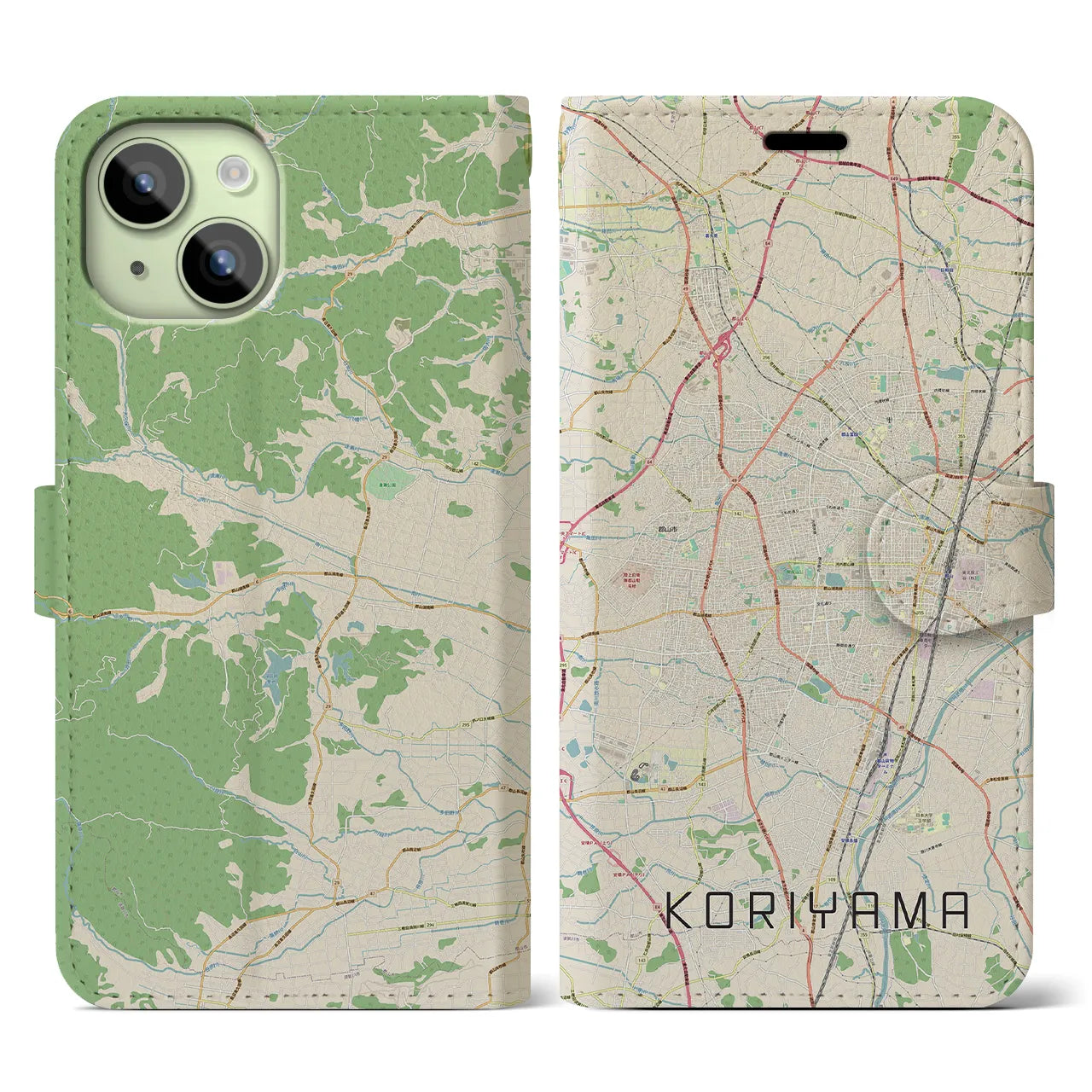 【郡山】地図柄iPhoneケース（手帳両面タイプ・ナチュラル）iPhone 15 用