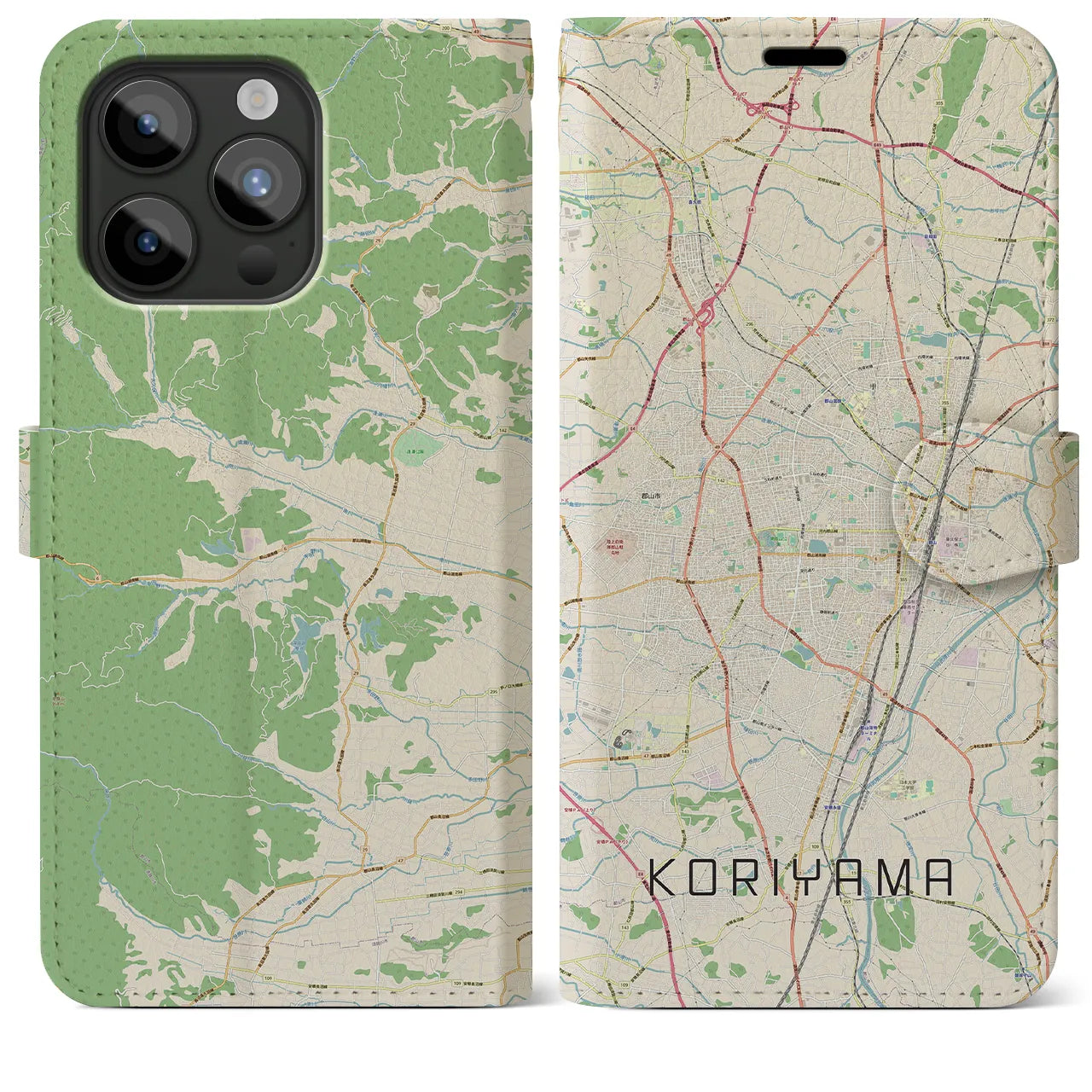 【郡山】地図柄iPhoneケース（手帳両面タイプ・ナチュラル）iPhone 15 Pro Max 用