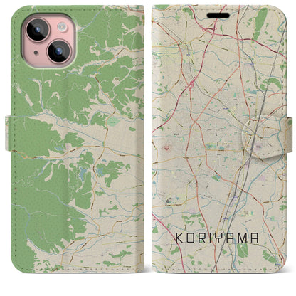 【郡山（福島県）】地図柄iPhoneケース（手帳タイプ）ナチュラル・iPhone 15 Plus 用